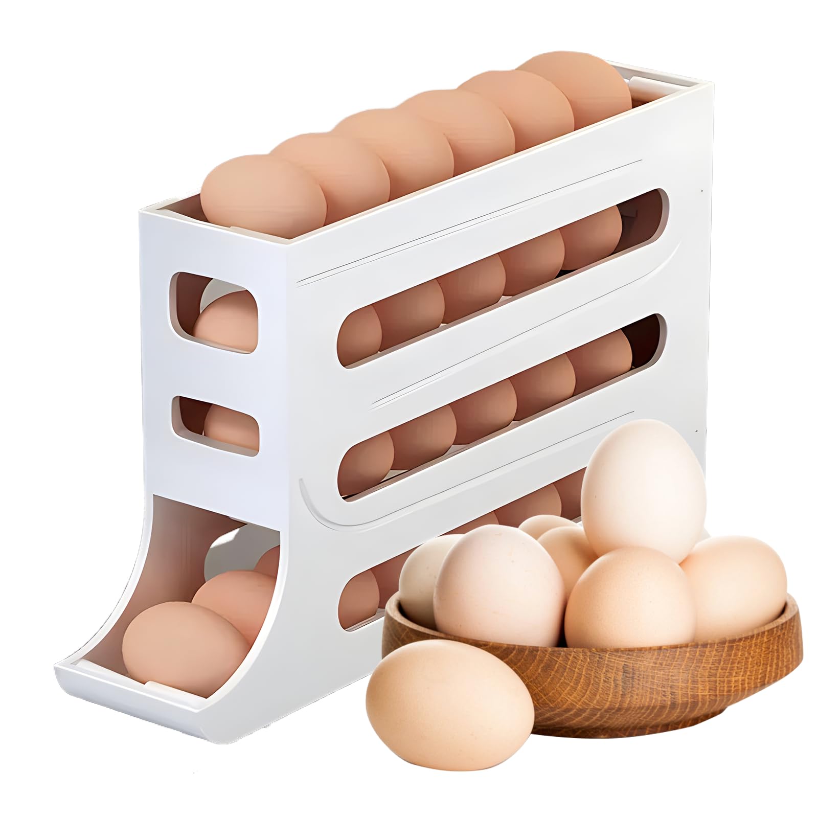 Ikaif 4-Tier Auto Rolling Egg Dispenser, Space-Saving Egg Holder for Fridge and Countertop, Durable Plastic Kitchen Egg Organizer (White)