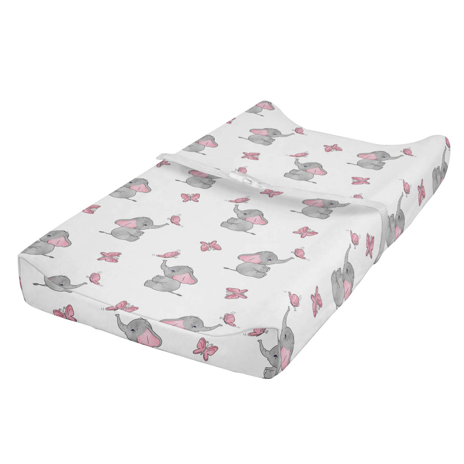ABAKUHAUS Elephant Nursery Changing Pad Cover, Baby Butterfly, Soft Cover for Diaper Changing Pad with Safety Buckle Holes, Grey Pale Pink White