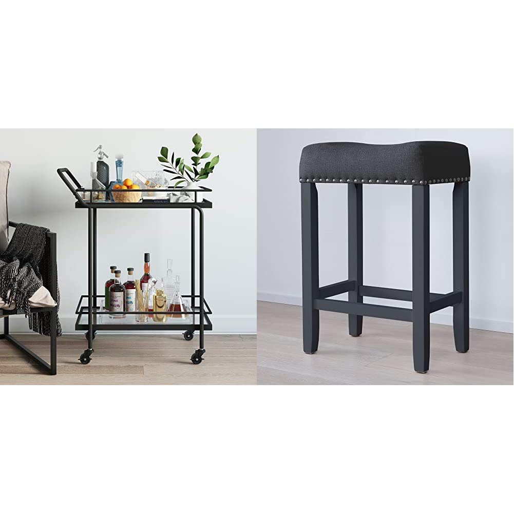 Nathan James Sally Rolling Bar or Cart for Tea or Cocktail, 2-Tiered Glass and Metal, Black & Hylie Nailhead Wood Pub-Height Kitchen Counter Bar Stool, 24", Black