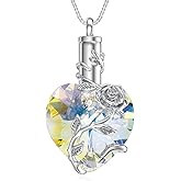 OCJ Heart Rose Flower Urn Necklace for Ashes Women Birthstone Cremation Necklaces Sterling Silver Memorial Cremation Jewelry Gifts