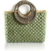 QTKJ Women Summer Retro Straw Bag with Zip Hand-woven Beach Handbag Top Round Handle Boho Tote Bag Shopping and Travel Large Bag (Green)