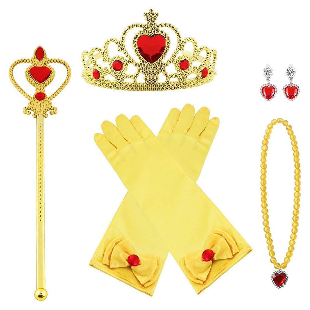 Vicloon Princess Dress Up Accessories Set - 7PCS Costume With Crown, Gloves, Magic Wand, Necklace for Kids Girls Halloween Party Cosplay - Yellow (3-9 Years)