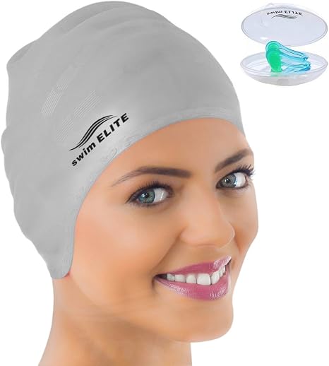 Swim Elite Silicone Swimming Cap For Long Hair Nose Clip Swim