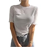 SHENHE Women's Summer Short Sleeve Tee Shirt Crew Neck Slim Fitted Lettuce Trim Top Tshirt