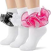 GJHJNSTG Girls Ruffle Socks Toddler,4-Layer Big Fluffy Lace Frilly Ankle Socks,Soft Cotton Turn Cuff Dress Sock for Girls