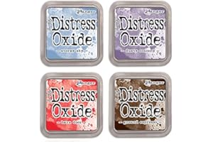 Tim Holtz Ranger Distress Oxide Ink Bundle - Four 3" x 3" Pads (F : Stormy Sky, Dusty Concord, Barn Door, and Ground Espresso