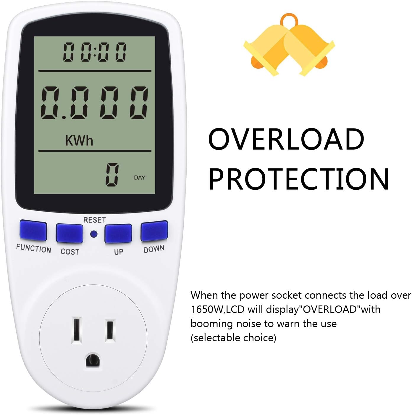 kuman KW47-US Electricity Usage Monitor Plug Power Watt Voltage Amps Meter with Digital LCD, Overload Protection and 7 Display Modes for Energy Saving (NO-Backlight), white - - 