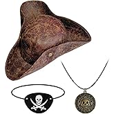SOKRUXA Pirate Hat Costume Decoration Halloween Exchange For Men Women Tricorn Hat With Eye Patch Necklaces Renaissance Outfit