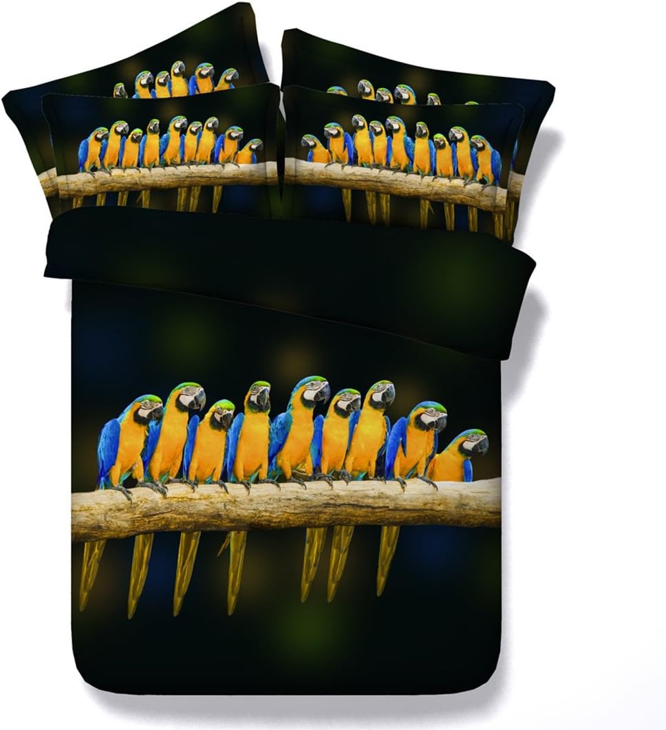HUANZI Double Size 3D Duvet Cover 3D Parrot Pattern Digital Printing Bedding Sets Include 1 Duvet Cover 2 Pillowcases-Black, 260 * 225