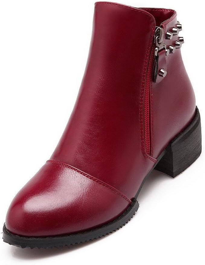 VogueZone009 Women's Zipper Pu Round Closed Toe Kitten Heels Solid Boots, Red, 39