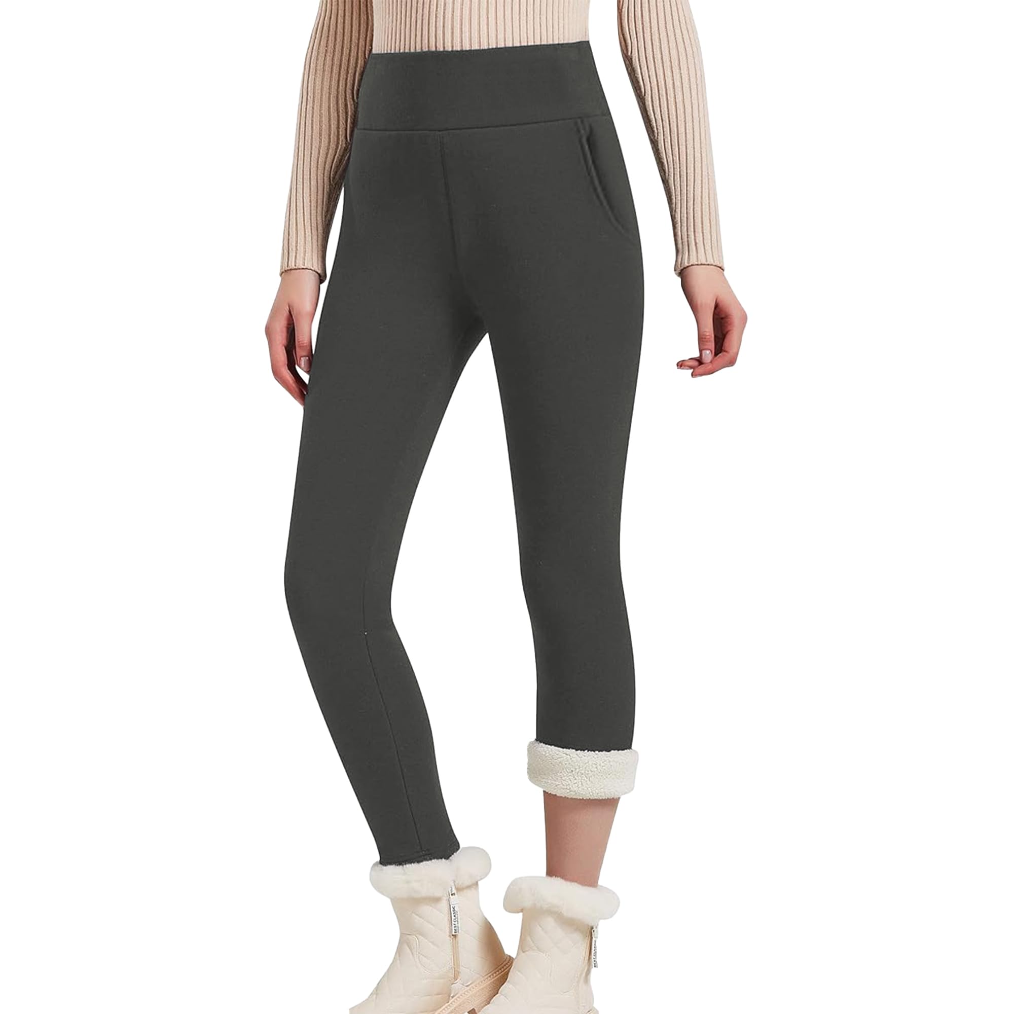 Hixiaohe Casual Sherpa Fleece Lined Leggings Women Winter Warm Pants High Waisted Stretchy Thick Thermal Tights Cold Weather Charcoal Gray Image