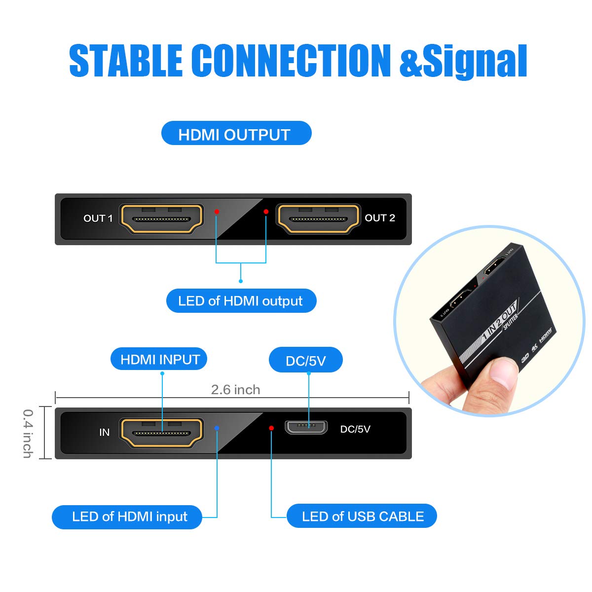HDMI Splitter 1 in 2 Out, 1X2 HDMI Splitter for TV Support Output Display 2 Monitor in Simultaneously + 1.4v HDMI Cable