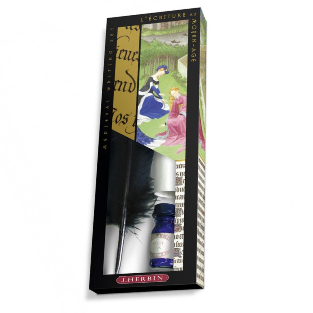 Jacques Herbin 28210T - A ''Writing in the Middle Ages'' XIXth set including a blue quill pen, a sheet of parchment, a bottle of blue ink and instructions.