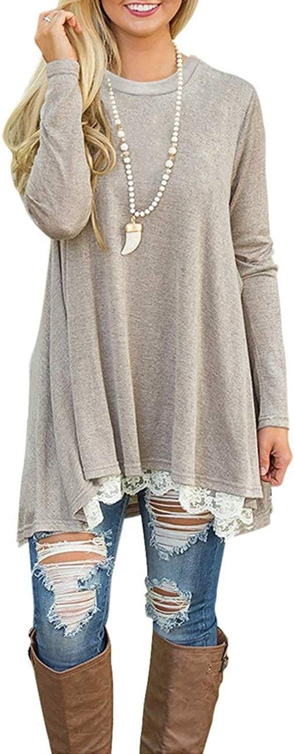 Womens Lace Casual Long Sleeve Tunic Tops Loose Blouse T Shirt