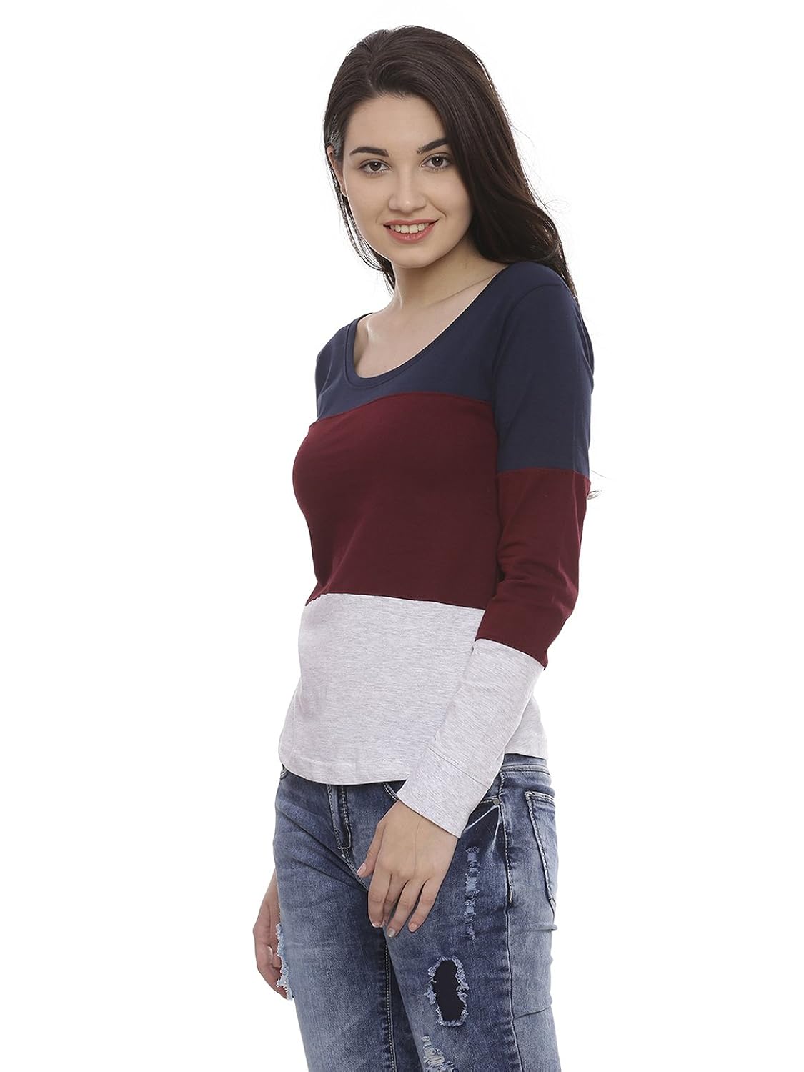 the dry state women's cotton navy blue multi panel full sleeves tshirt