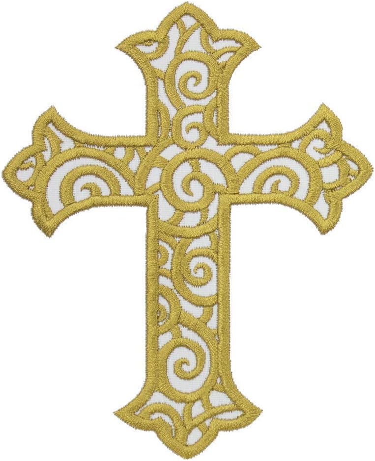 Mixed Media - Gold Cross with Scrolls Patch in your choice of sew on or iron on patch