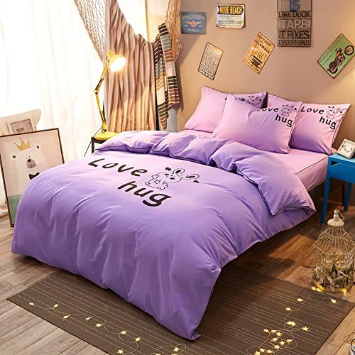 4pcs Solid Beddingset Duvet Cover Set without comforter Flat Bedsheet Pillowcase Durable YJ Twin Full Queen Love Hug Design (Twin, Love Hug, Purple)