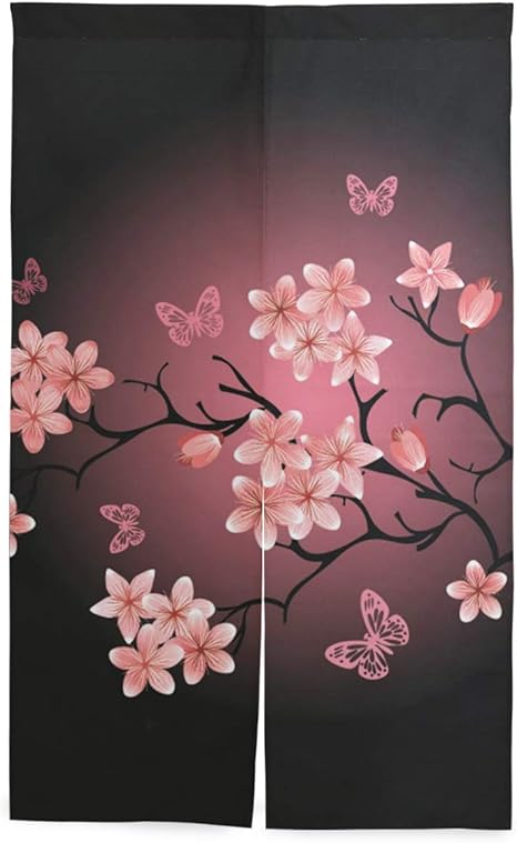 Amazon Vawa のれん 暖簾 おしゃれ 和柄 桜 ブラック 目隠し 可愛い 遮光 断熱 カーテン 部屋間仕切り 突っ張り棒付き 夏 冬 のれん オンライン通販