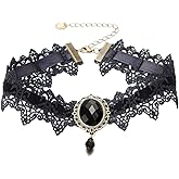 Qrettie Choker Necklace for Women Gothic Black Lace Necklace for Halloween Punk Steampunk Costume Party Retro Lolita Victorian Choker Halloween Vampire Pendant Chain