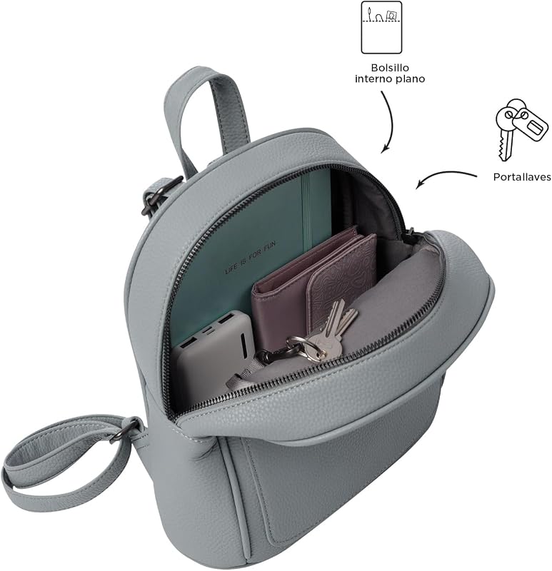 - Mochila Mujer Casual, Modelo Smooth, Capacidad 4 L, Compartimento Principal, Bolsillo Delantero, Bolsillo Interno Plano, Portallaves, Correas Ajustables, Color Monument Gris