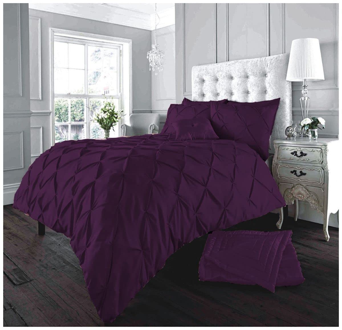 GC GAVENO CAVAILIA Pinch Pleated Double Bedding Set, Diamond Pleat Pintuck Comforter Cover, Soft Polycotton & Breathale Quilt Cover, Aubergine — image 1