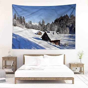Amazon Com Sunnyhome Living Room Tapestry Winter Log Cabins In