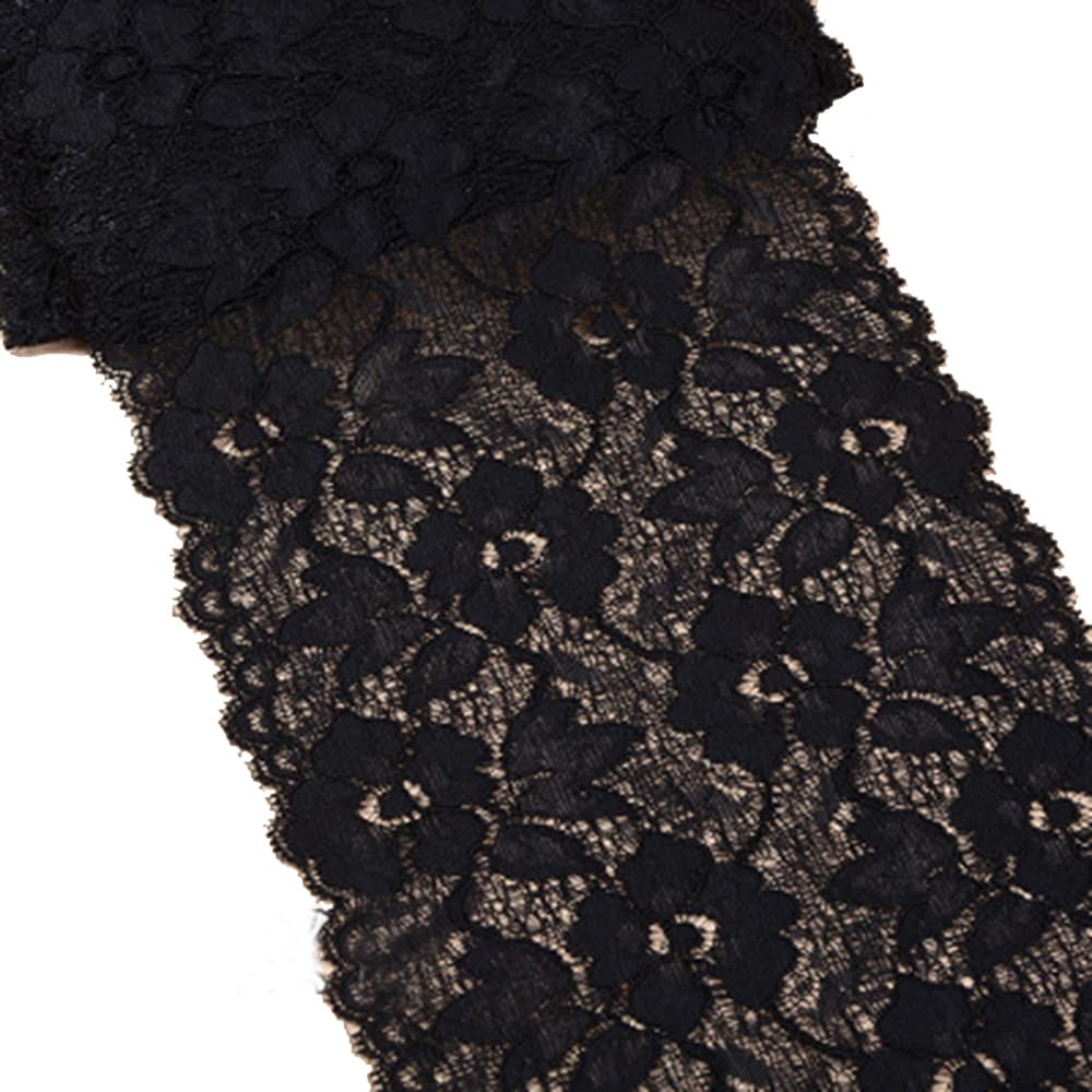 6.2 Inch Stretch Lace Trims Floral Embroidered Elastic Fabric for Garment and DIY Craft Supply by 5 Yards (Black)