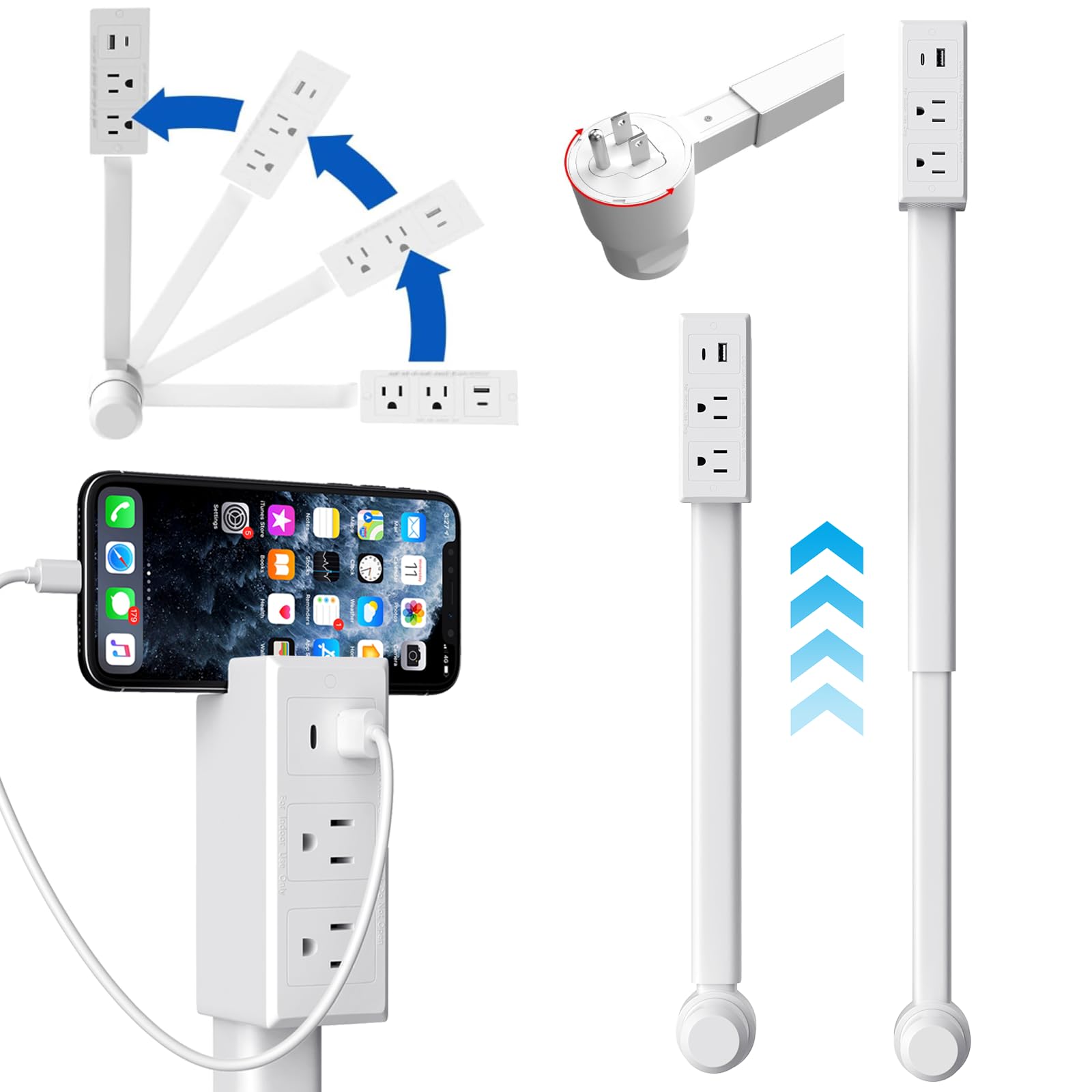 XUMIUZIY Electrical Outlet Extender Stick With USB A & Type-C, 2 AC Outlets – 180° Rotating, 22-34 Inch Extendable, For Couch Or Nightstand – ETL Certified