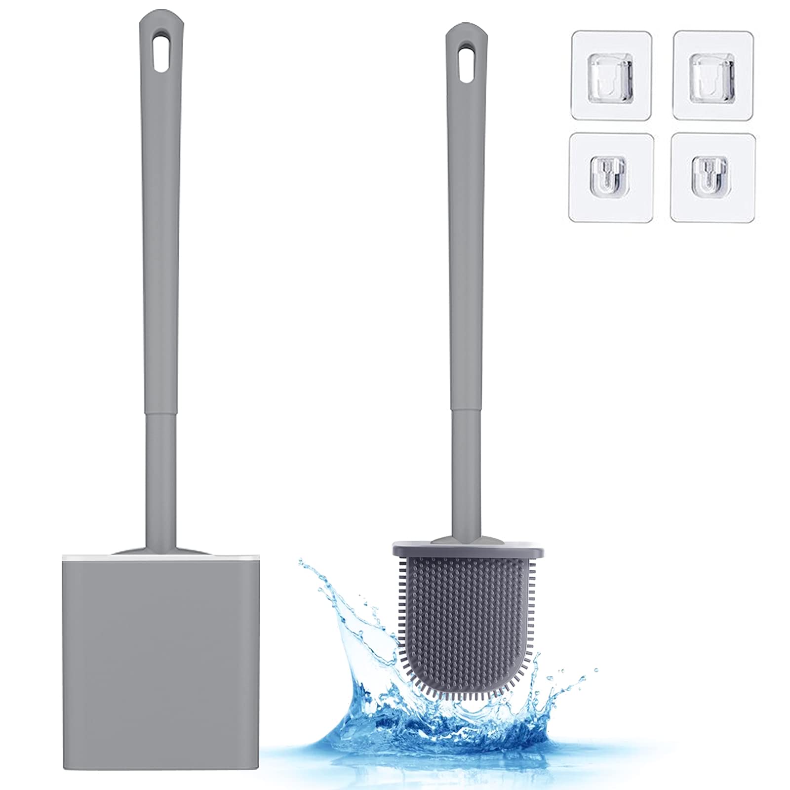 Silicone Toilet Brush and Holder Set, Bathroom Deep Cleaning Bowl Buddy Toilet Brush Flat Head with No-Slip Long Plastic Handle and Drip-Proof Base for Toilet, Bathtub, Sink(Grey)