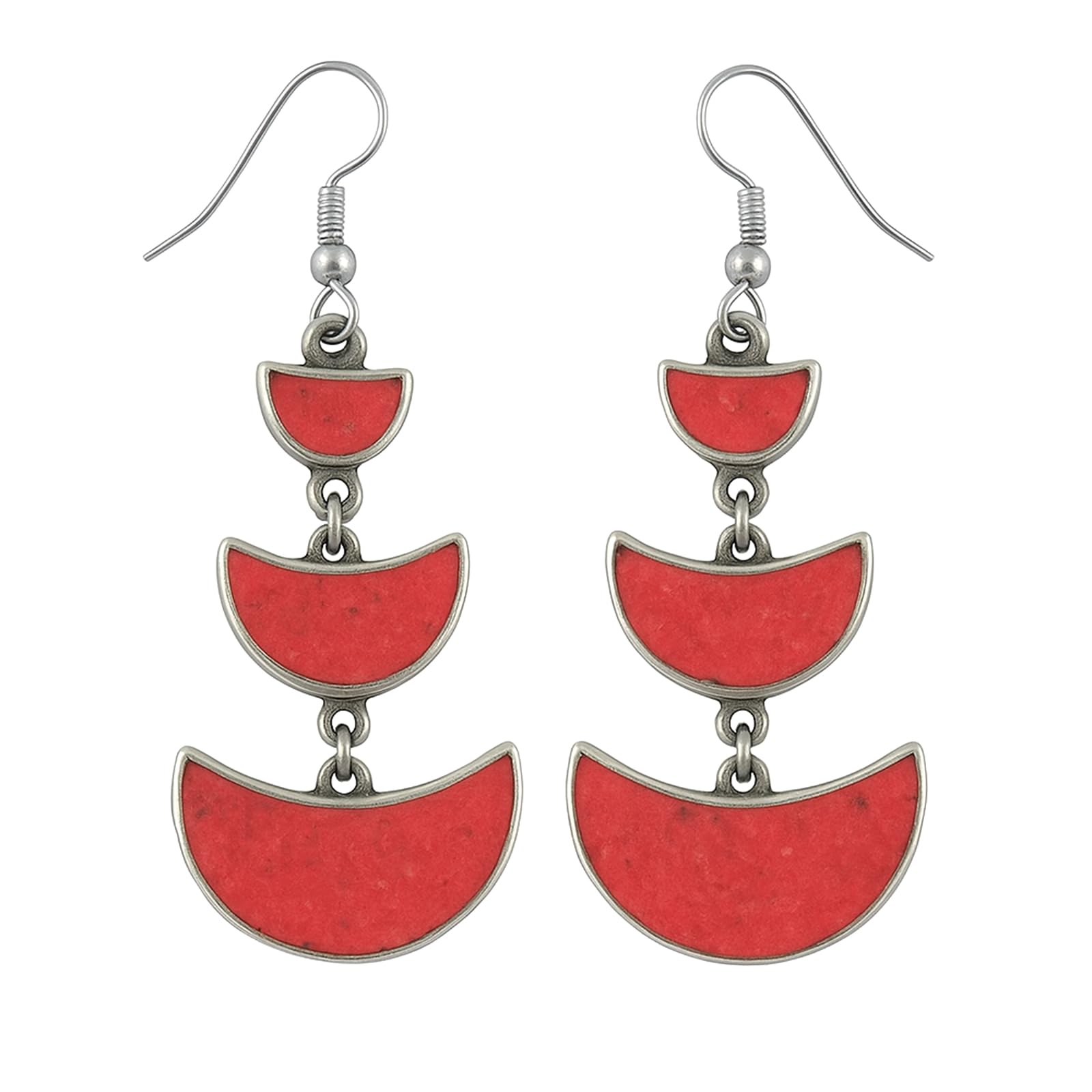 Beautiful Crescent Moon Shape Compressed Red Coral Inlay Unique Designer Ethnic Tribal Gypsy Drop Earrings for Women 925 Silver Plated Fashion Boho Earrings by Artisan
