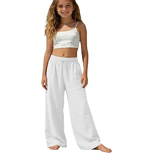 Girls Cotton Linen Pants Kids Wide Leg Palazzo Long Trousers Teen Soft Gauze Basic Muslin Bottom Lightweight Drawstring Pants