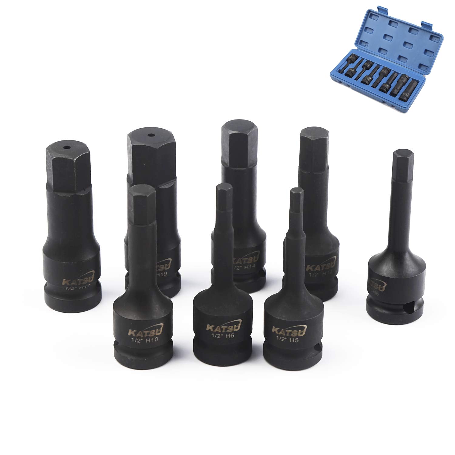KATSU 1/2 Inch Drive Hex Allen Deep Impact Socket Set 8PCs 5-19mm Heavy Duty Metric Socket Bits, High Grade Chrome-Moly Steel, Automotive Trucks Tractors Engines Repairing Tool 420410