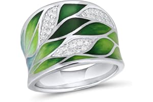 Santuzza 925 Sterling Silver Bamboo Leaves Ring Handmade Enamel Leaf Pattern Ring for Women