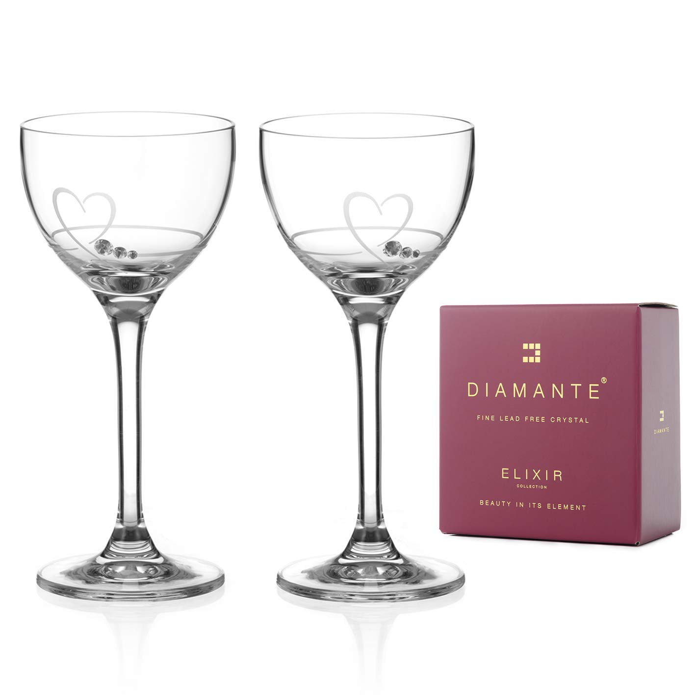 DIAMANTE Mini Cocktail Coupes Crystal Glasses 150ml | Port Sherry Glasses | Aperitif Digestif Glasses | Nick & Nora Glasses - ‘Petit Heart’ Collection Embellished with Swarovski Crystals - Set of 2