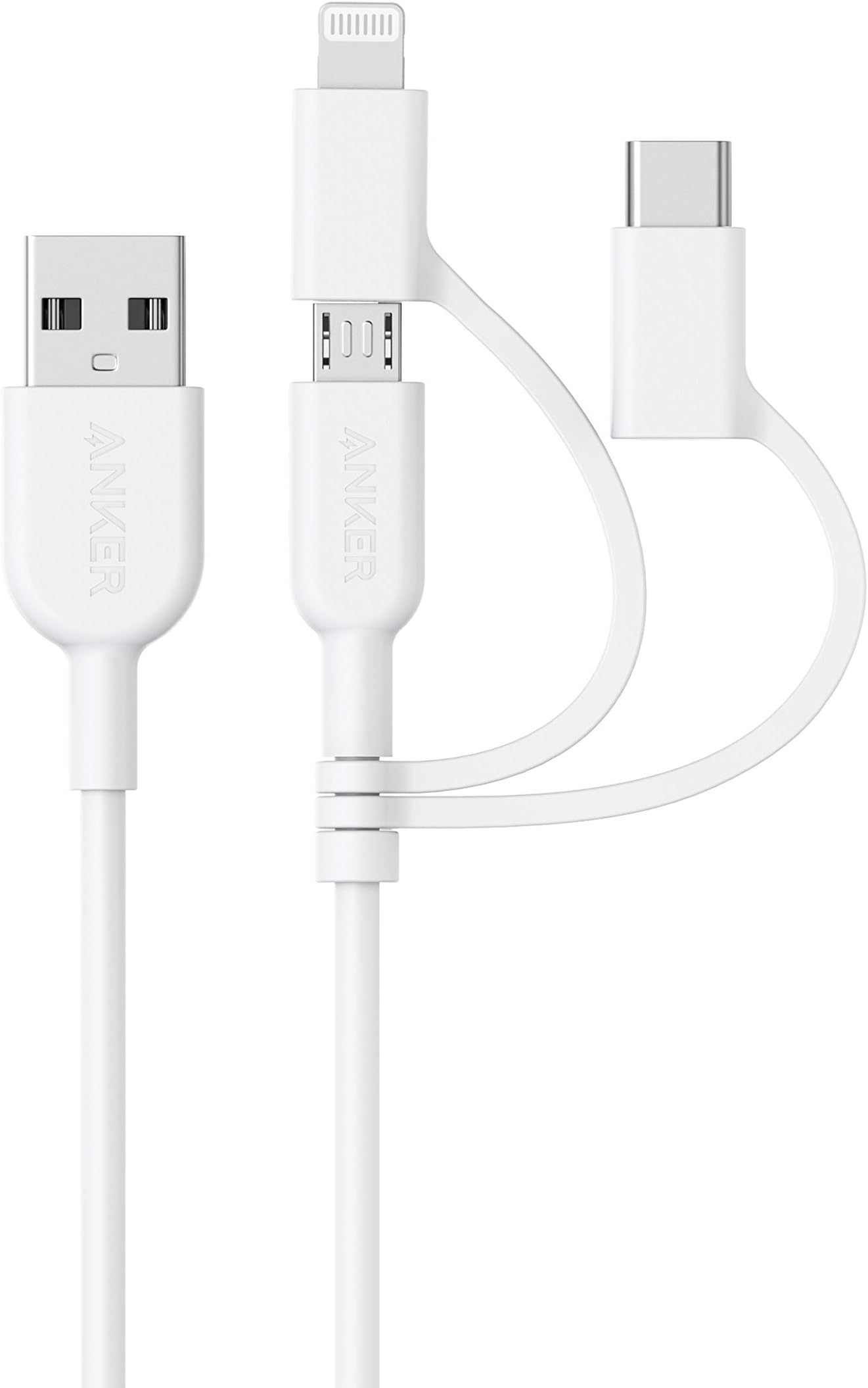 Anker PowerLine II 3-in-1 Cable, Lightning/Type C/Micro USB Cable for iPhone, iPad, Huawei, HTC, LG, Samsung Galaxy, Sony Xperia, Android Smartphones, and More(3ft) (White)