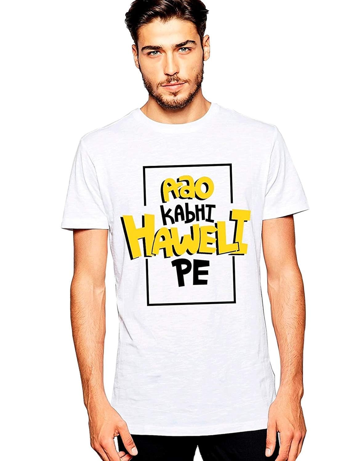Buy D.S.Printing Men's Aao Kabhi Haveli Pe Printed White Color Funky