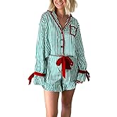 Lordree Women Silk Christmas Pajamas 2 Piece Satin Xmas Pjs Striped Print Long Sleeve Bow Tie Shirt Shorts Set Sleepwear