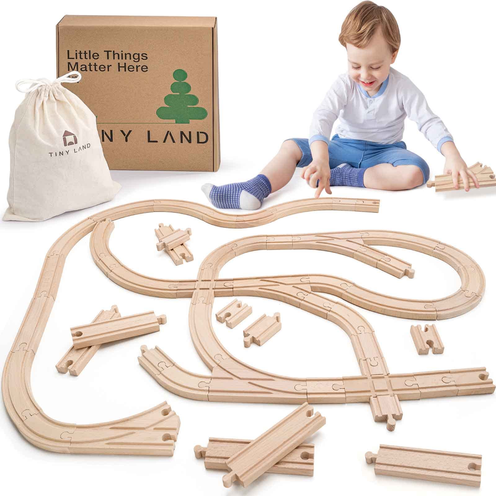 Tiny Land Wooden Train Tracks Set - 52 Pcs Train Track Expansion Pack Fits Thomas, Fits Brio, and Major Railroad Toy Brands