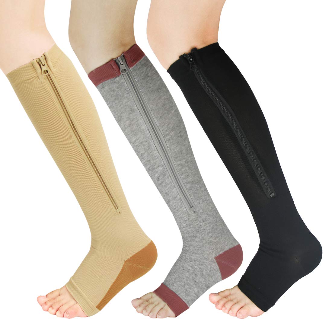 3 Pairs Zipper Compression Socks for Women 20-30 mmHg Open Toe Firm Support Graduated Varicose Veins Knee High Stockings Hosiery for Edema, Swollen, Pregnancy, Recovery