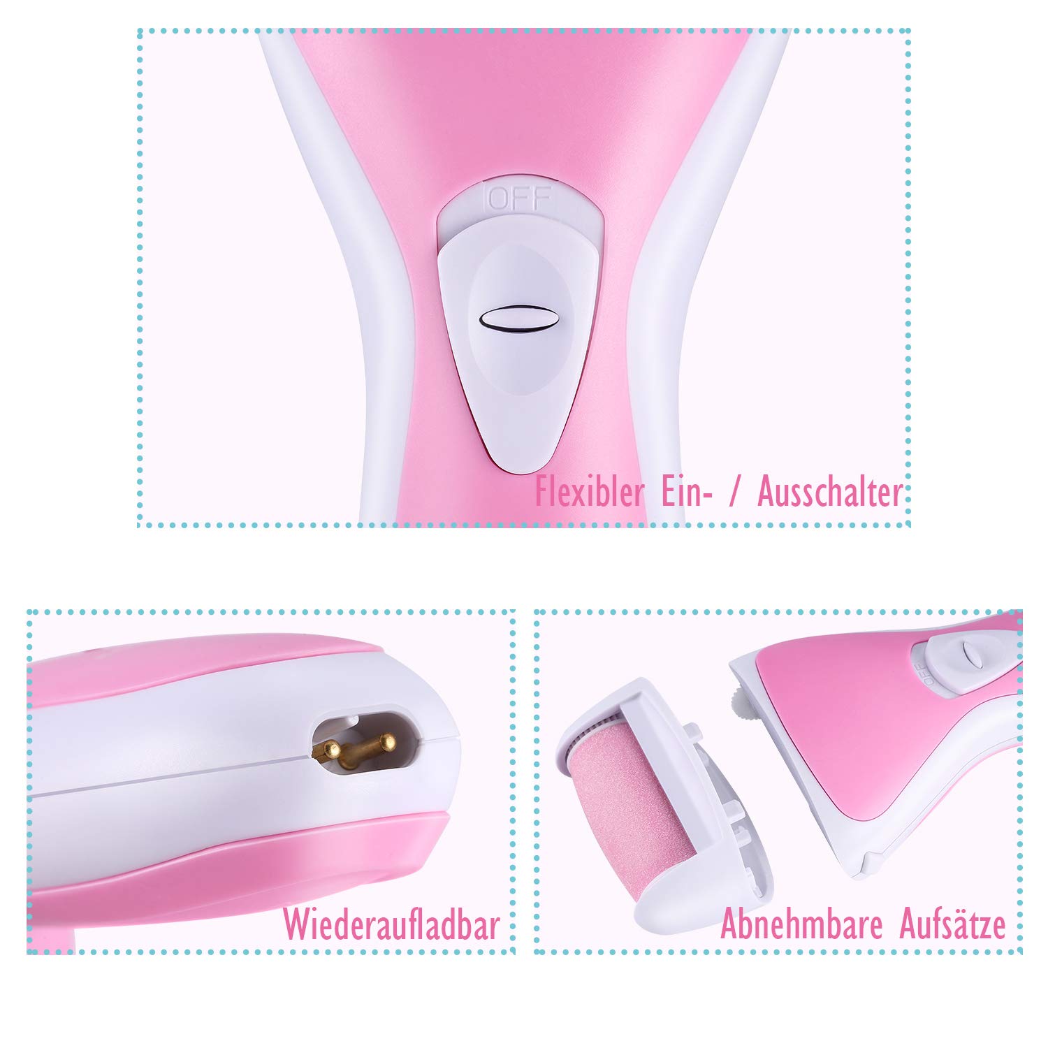 Elektronischer Hornhautentferner, per USB Aufladbares Hornhautfeile Fußfeile Pediküre Set von Weokeey, Entfernt Trockene, Tote und Gebrochene Haut - Enthält zwei Sandpapieraufsätze, einem Nagelpolier-Aufsatz, einer Reinigungsbürste und Trag