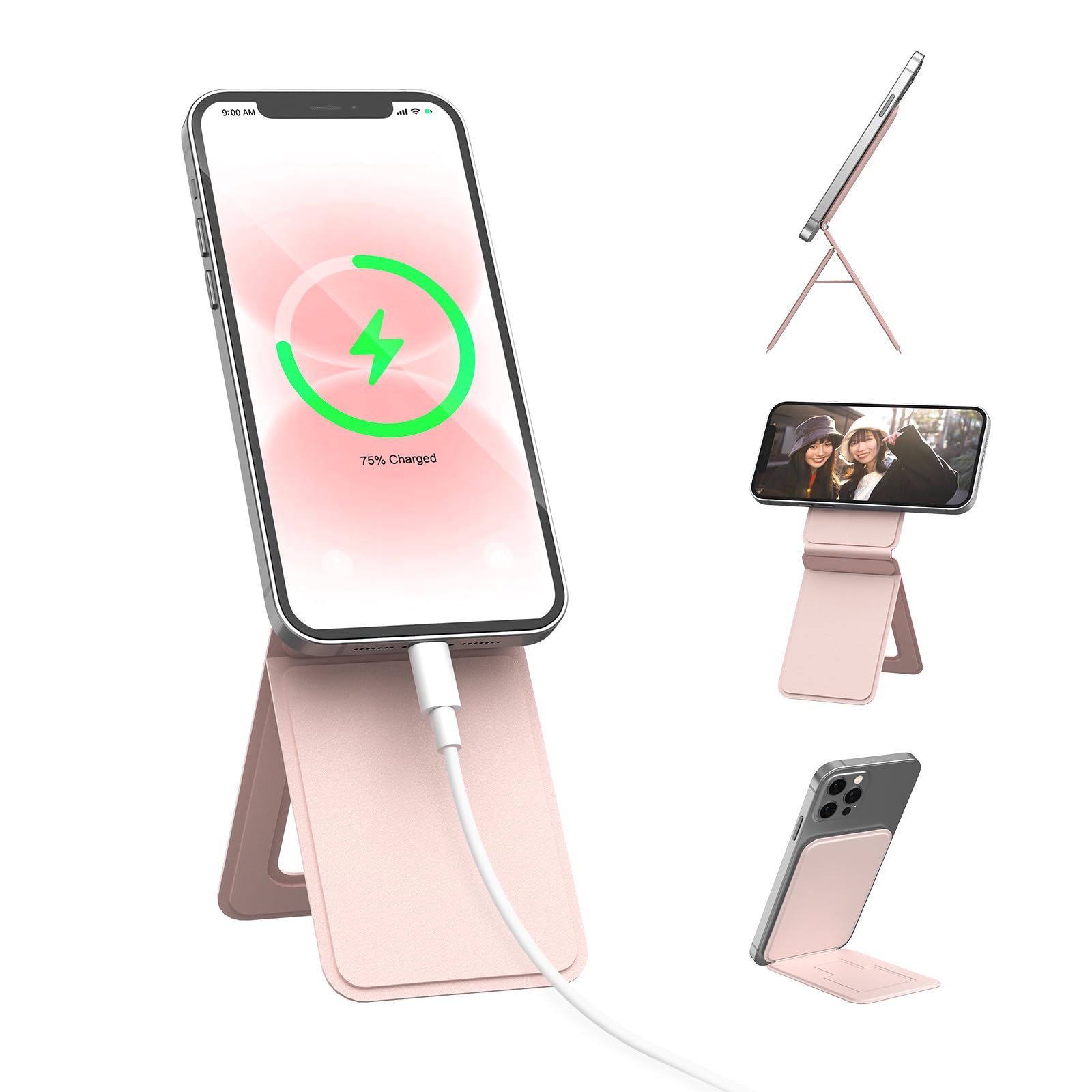 Bettdow スマホスタンド 卓上 携帯スタンド PUレザー素材 耐久 七変化マルチスタンド 薄型 軽量 多角度調整 折り畳みマグネットリング Magsafe 対応 iPhone16/15/14/13/12シリーズ全機種対応 縦横滑り止め 高安定性 コンパクト 適用テレビ/自撮り/会議/勉強/録画ビデオに最適 ピンク の商品画像