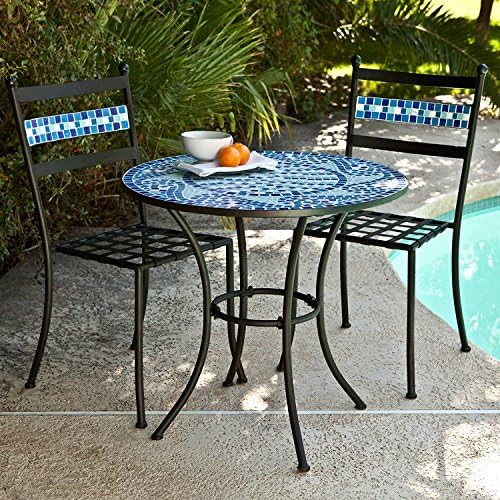 Ocean Waves Blue Mosaic Wrought Iron Small Space Patio Dining Set Bistro Set