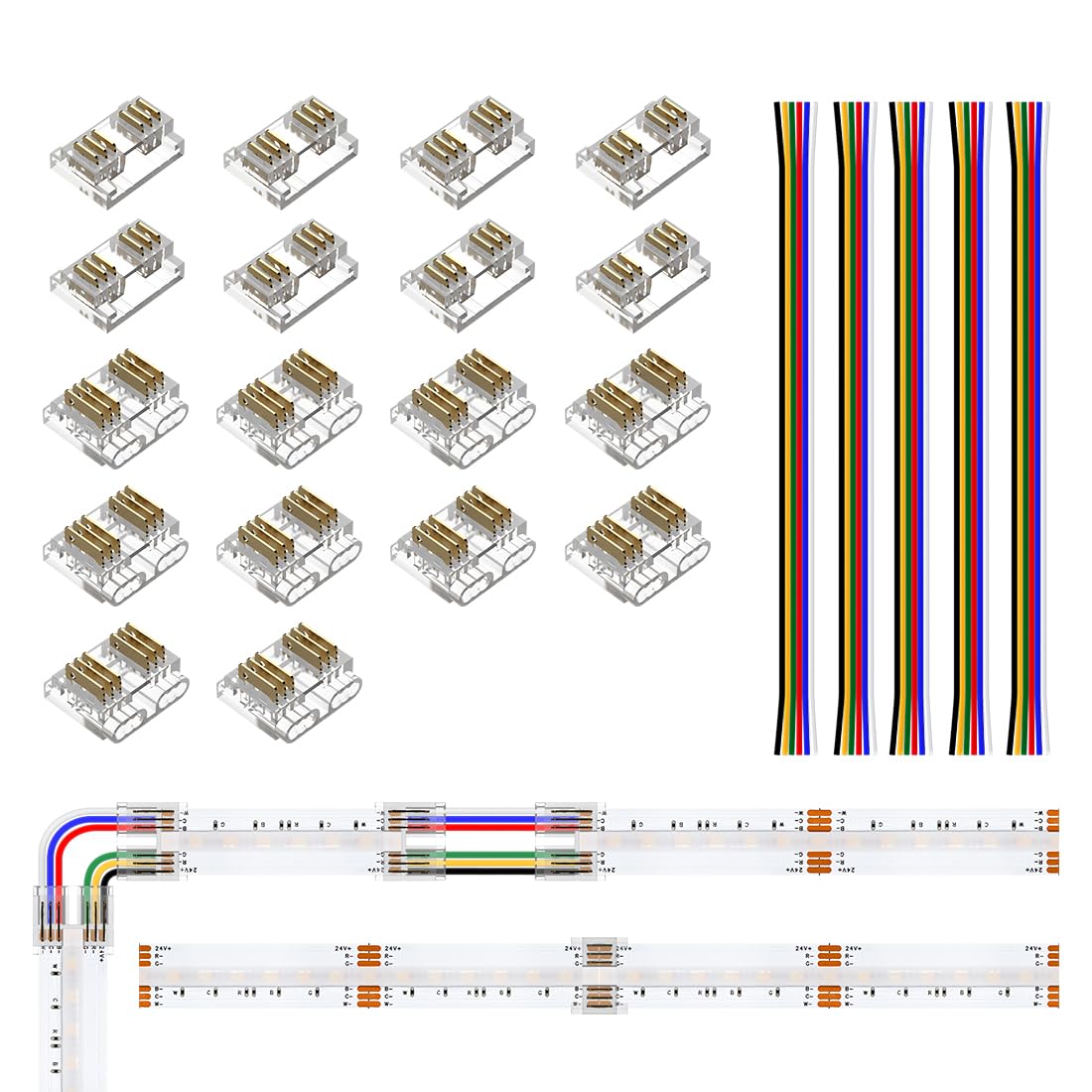 BTF-LIGHTING FCOB RGBCCT 6pin 12 mm Connector Kit 18 Pieces Transparent Connector 5 Pieces 15 cm Long 24AWG Extension Cable Wire/Board to Board for Gap Free Soldering and 6-Pin COB LED Light Corner