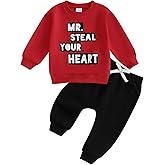 Toddler Baby Boy Valentines Outfit Long Sleeve Steal Your Heart Shirt with Pants 2Pcs Kids Baby Boy Red Outfits