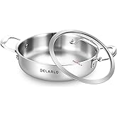 DELARLO Stainless Steel Saute Pan With Lid Deep Frying Pan | Tri-Ply Induction Ready Stay-Cool Handles, Dishwasher and Oven Safe, Compatible with All Cooktops
