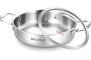DELARLO Tri-Ply Stainless Steel 10 Inch Frying Pan 3QT Saute Pan With Lid Kitchen Skillets Induction Compatible Chef Cooking 
