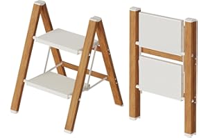 Mayi Plus 2-Step Aluminum Ladder,Lightweight Folding Step Stool with Extra-Wide Anti-Slip Steps,330 lbs Capacity,Compact Space-Saving Design for Home,Kitchen and Office（White&Woodgrain）