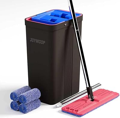 JOYMOOP Wischmopp und Eimer mit Auswringer-Set, freihändiger Flacher Bodenwischer und Eimer, mit 4 waschbaren Mikrofaser-Pads, Nass- und Trockengebrauch, Bodenreinigungssystem – Schwarz + Rot +