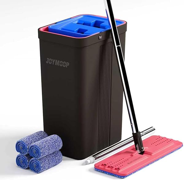 JOYMOOP Wischmopp und Eimer mit Auswringer-Set, freihändiger Flacher Bodenwischer und Eimer, mit 4 waschbaren Mikrofaser-Pads, Nass- und Trockengebrauch, Bodenreinigungssystem – Schwarz + Rot +