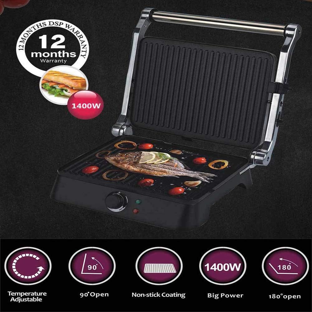review BTSSA Indoor Grill,1400W Electric Grill- Adjustable Temperature Control-Brushed Stainless Steel, Dual Non-Stick Plates - Perfect for Sandwiches, Meats, Fish, Veggies, More